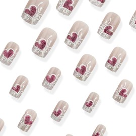 24Pcs Valentine's Day Press on Nails Short Square Fake Nails Silver Gradient Glitter Design French Tip with Charm Purple Heart Sparkly Holiday Nail Decor Heart Love False Nails Stick on Nail for Women