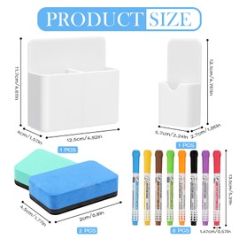 Shinybox Pack of 12 Whiteboard Accessories, 2 Pieces Magnetic Pen Holders with 2 Pieces Whiteboard Sponge, 8 Pieces Whiteboard Marker, Marker Holder, Magnetic Marker Holder for Home, Office, School