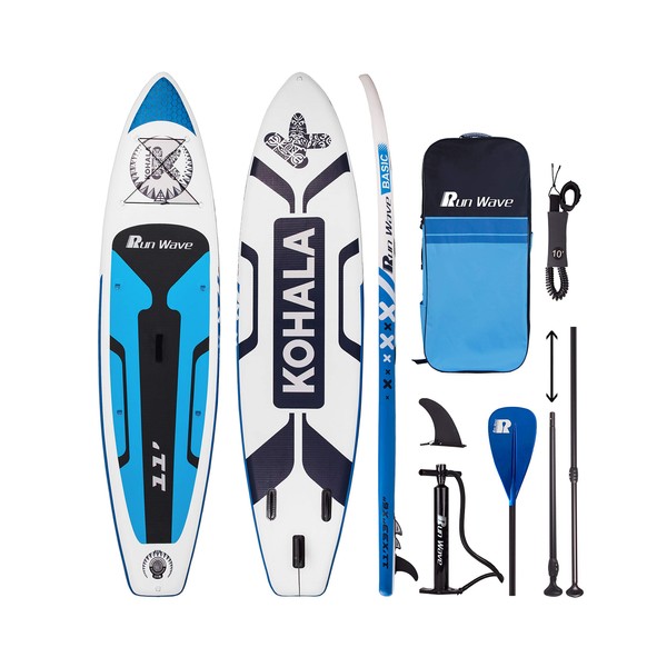 Run Wave Inflatable Stand Up Paddle Board 11'×33''×6''(6'' Thick) Non-Slip Deck with Premium SUP Accessories | Wide Stance, Bottom Fins for Surfing Control | Youth Adults Beginner (Kohala Blue)