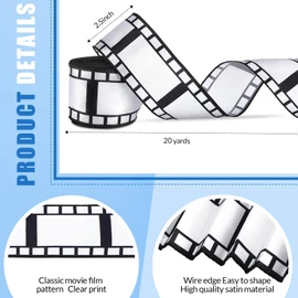 Chivao 2.5 Inch 20 Yards Filmstrip Ribbon Movie Film Reel Ribbon Filmstrip Decorating Material Party Accessory for Movie Party Table Decor Home DIY Wrapping Wreaths Crafts(3 Roll)
