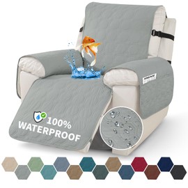 XINEAGE 100% Waterproof Recliner Chair Cover, Non Slip Covers for Recliner Chair with Pocket, Washable Dog Recliner Couch Cover with Elastic Straps (Light Gray, 22")