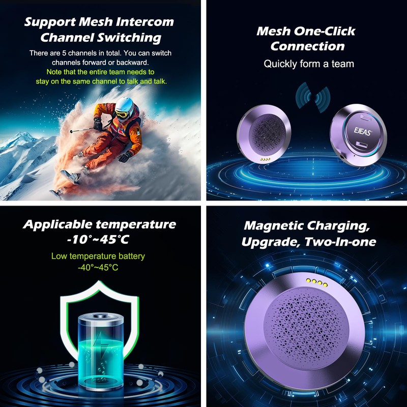 Bolizma Purple S2 Professional Ski Intercom, Hands-Free Control, Waterproof, HiFi