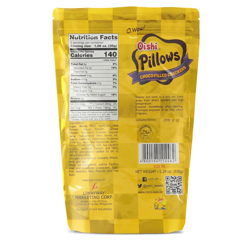 Oishi Pilows Choco-Filled Crackers Party Size, 5.29 oz, 2 packs