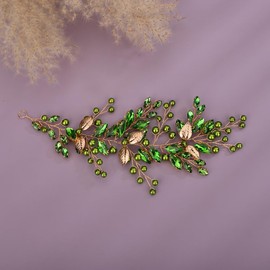 Deniferymakeup Rhinestone Bridal Hair Vine Pearl Wedding Headband Rhinestone Bride Headpiece Leaf Hair Accessories for Women and Girls (Green)