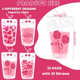 20 Pcs Valentines Day Heart Drink Pouches With Straws Pink Heart Love Rose Flowers Juice Pouches Reusable Clear Plastic Juice Drink Bags for Valentines Wedding Birthday Bachelorette Party Supplies