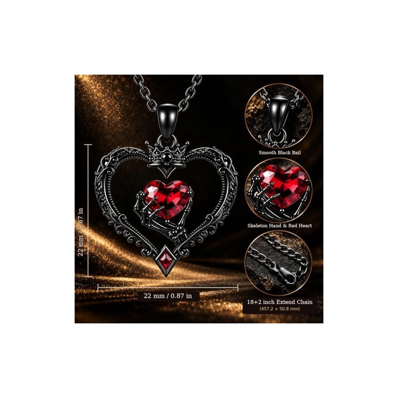 REDSUN - Collar de mano con esqueleto y corazón negro