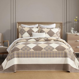 SahSahCasa 120"x102" 100% Cotton Oversized Queen Bedspread Coverlet Quilt Set, Queen Quilted Bedspread Extra Large Quilt, XL Bed Spread Lightweight Comforter, 3pc, Brown/Beige/Khaki