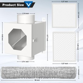 Dryer Lint Trap, Indoor Dryer Vent Kit, Metal Lint Catcher Box with 90 Degree Dryer Vent Elbow Set Vent Duct Hose Clamps Sealing Tape Cleaning Brush Filter Screens Space Saving Connector Kit