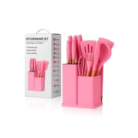 19-Piece Kitchen Cooking Utensil and Knife Set – Stylish Silicone and Stainless Steel Tools with Cutting Board, Scissors, and Premium Cooking Essentials (Pink)