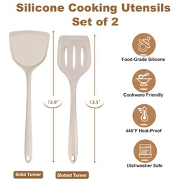 TeamFar Silicone Spatulas, Solid & Slotted Cooking Turner for Non-stick Cookware, 2pcs Kitchen Utensils for Flipping/Turning, Healthy & Seamless, Heat-Resistant & Non-Scratch, Dishwasher Safe, Khaki