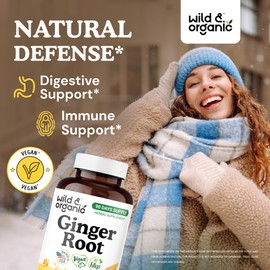 Wild & Organic Ginger Root Capsules 1200 mg - Immune & Digestive Support - Ginger Root Supplement - Zingiber Officinale Powder - 90 Days of Supply - Vegan, No Fillers, Non-GMO - 180 Count