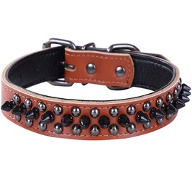Serijoars Adjustable Genuine Leather Spiked Studded Dog Collars for Small Medium Large Pets/Pit Bull/Bulldog/Pugs/Husky (M, Brown1)