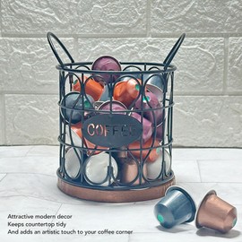 Coffee Pod Basket, Decorative Round Wire Capsule Holder with Wooden Base, Proof Metal Construction, Weighted Base, For Cafe Kitchen (Black)
