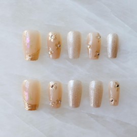 [GLORS] Purly Handmade Medium Ballerina Press on Nails | Nude ombre Cat Eye Fake False Nails with Gold Floral Glitter | Salon Quality Ballerina Nail, 10 pieces (XS, MB)