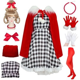 Pigmiss 8PCS Cindy Lou Who Costume Women Adult Houndstooth Dress with Cindy Wig Cape Christmas Cosplay Costume Accessories (8PCS, XL)