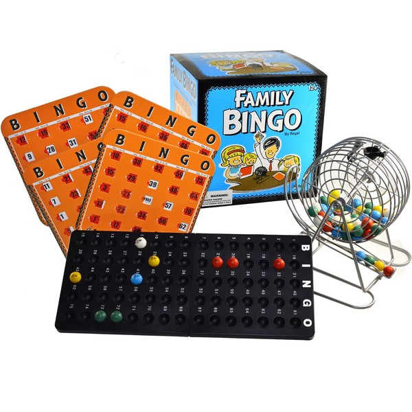 Regal Games - Family Bingo Set - Includes 8-Inch Bingo Cage, 75 Bingo Balls, Bingo Board, and 4 Premium, Shutter Slide Bingo Cards