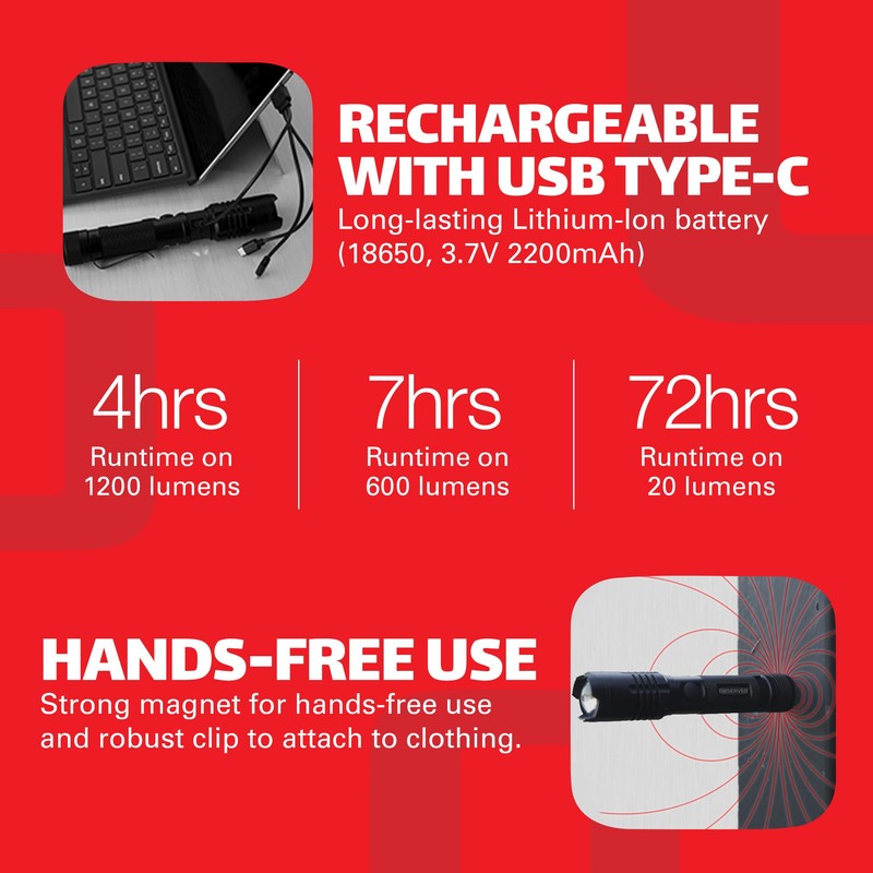 Observer Tools LED Rechargeable Flashlight, 1200 Lumens Tactical Flashlight, high