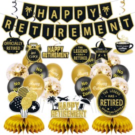 25Pcs Retirement Party Decorations for Men Women, Black Gold Happy Retirement Banner Balloons Party Supplies, The Legend Has Retired Farewell Theme Honeycomb Centerpiece Swirl Decor
