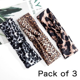Fashband Boho Criss Cross Headbands Leopard Print Head Wraps Elastic Stretchy Hair Bands Yoga Outdoor Headwear Running Workout Headwear Head Scarfs Turban for Women Girls Pack of 3