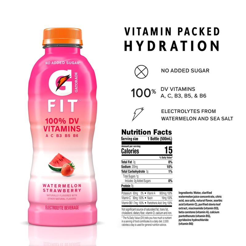 Gatorade Fit Electrolyte Beverage, Healthy Real Hydration, Watermelon Strawberry, 16.9.oz