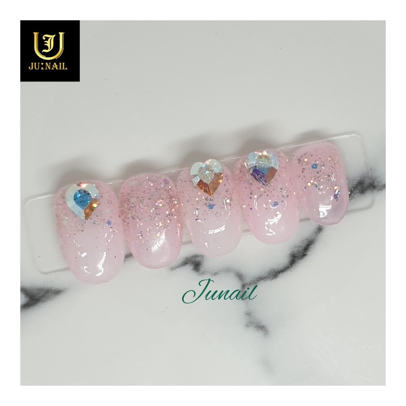 Pink Glitter Handmade Nail Tips - Long Round / 핑크글리터
