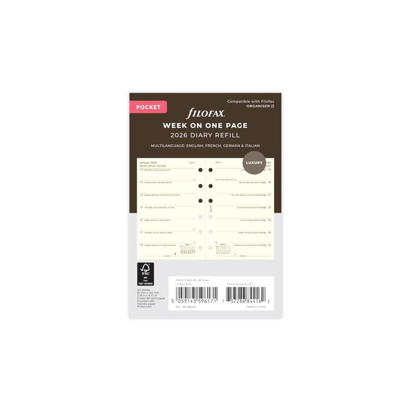 Filofax Pocket week per page 4 language cotton cream 2026