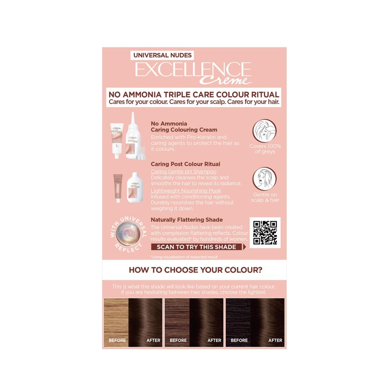 L’Oréal Excellence Permanent Hair Dye Colouring Cream, 100% Grey Coverage,