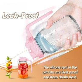 Glass Pitchers with Lid and Handle, 32oz Milk Pitcher, 1 Quart Wide Mouth Mason Jar, Leak-proof Glass Water Pitcher, Creamer Container for Cold Brew, Sun Tea, Juice, Iced Coffee-Pink/1 Pack