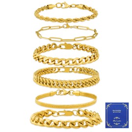 AWARDSEN 6 Pcs Gold Bracelets for Men Stainless Steel Gold Bracelet Cuban Link Chain Bracelet Valentine's Day Jewellery Gift for Men Him Dad Boyfriends Husband 7.5"
