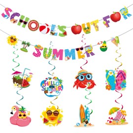 School’s Out for Summer Banner, End of School Year Theme Party Banner, Hello Summer Party Decorations, Last Day of School Party Favors Supplies, Schools Out for summer Hanging Swirls
