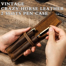 Contacts Leather Pen Case Pens Holder Handmade Fountain Pen Pouch for Men Crazy Horse Leather Brown Pens Protective Sleeve Cover