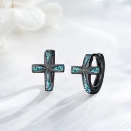 KoyeKei Black Cross Hoop Earrings Turquoise for Men Women 925 Sterling Silver Religious Cross Huggie Earrings Christian Jewelry Faith Gifts