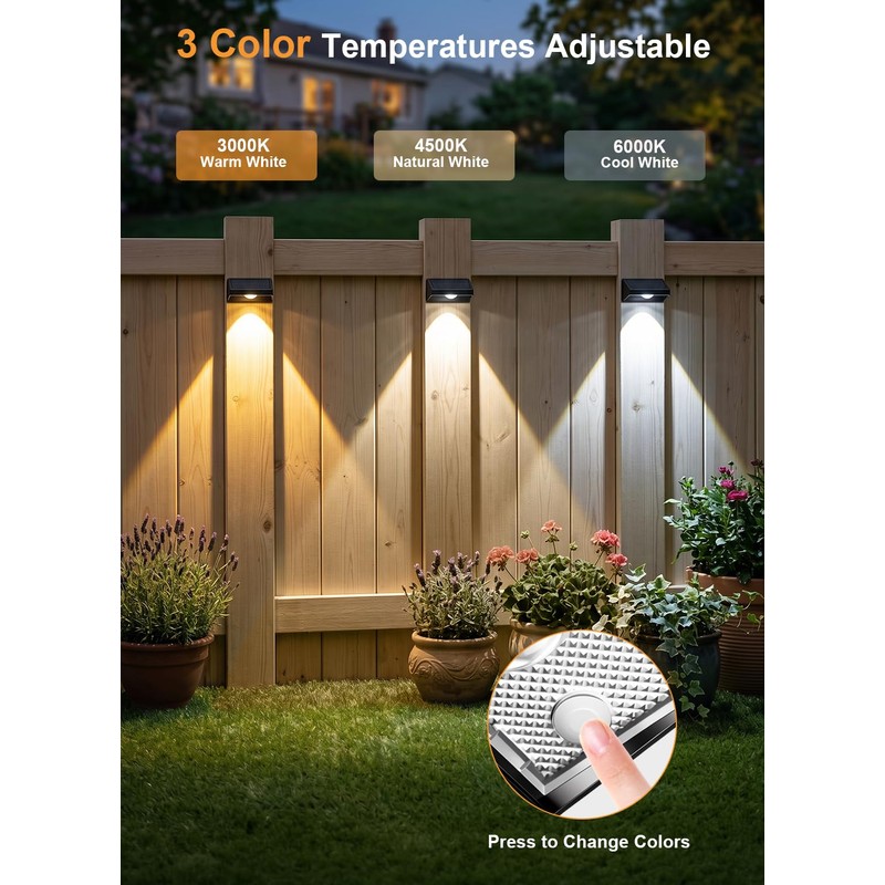 Solar Fence Lights Outdoor, 3000/4500/6000K 3 Mode 16 Pack Fence