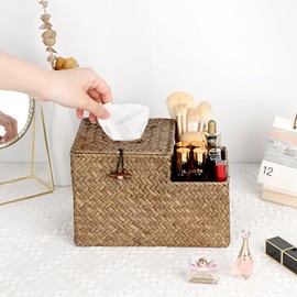 IGNPION Woven Square Tissue Holder Seagrass Facial Tissue Box Cover Decorative Tissue Storage Case Household Cube Tissue Organizer Box with Remote Control Storage Holder for House Office Car Hotel