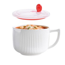 Pyrilo - tazón de cerámica de 30 onzas con tapa y asa para sopa y fideos instantáneos, estilo moderno y simple, con mango de preservación del calor, color blanco