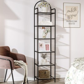 Hzuaneri Bookcase Bookshelf, Tempered Glass Bookshelves, Slim Shelving Unit for Bedroom, Bathroom, Home Office, Steel Frame, 6 Tier Black BC10601B