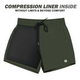 BRISIRA Mens Swim Trunks Swim Shorts for Men Quick Dry 5 inch Inseam Beach Shorts with Compression Liner Zipper Pocket ArmyGreen