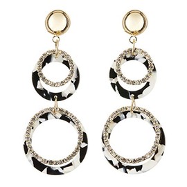 Clip On Earrings - Gold Plated Drop Earring With Black And White Acrylic And Crystal Rings - Edusa