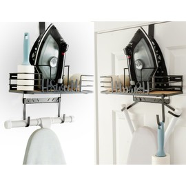 Farmhouse Ironing Board Hanger Wall Mount or Over the Door - Universal Laundry Room Ironing Board Holder Caddy with Iron Holder Shelf-Adjustable Hooks to Hold Ironing Boards Large & Small - Black