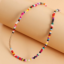 Colorful Beaded Necklace Bohemian Pearl Rice Beads Choker Necklace Adjustable Faux Pearl Bead Choker Necklace Handmade Summer Beach Necklace for Women (Colorful)