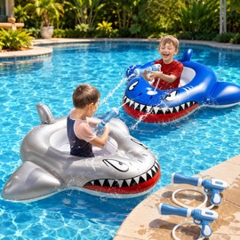 2-Pack Shark Pool Floats for Kids – Ride-On Inflatable Toys with Water Squirt Guns for Summer Pool Play
