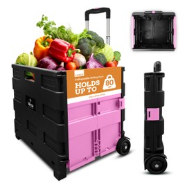 Inspired Living Ultra-Slim Rolling Collapsible Storage Pack-N-Roll Utility-carts, with Telescopic Handle, for Home, Garden, Shopping, Office, School use, Large, Pink & Black