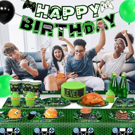 Video Game Birthday Party Accessories, 128 Pieces Video Game Party Tableware Set, Napkins, Video Game Birthday Theme, Plates, Cups, Tablecloth, Banner etc. Video Game Party Supplies