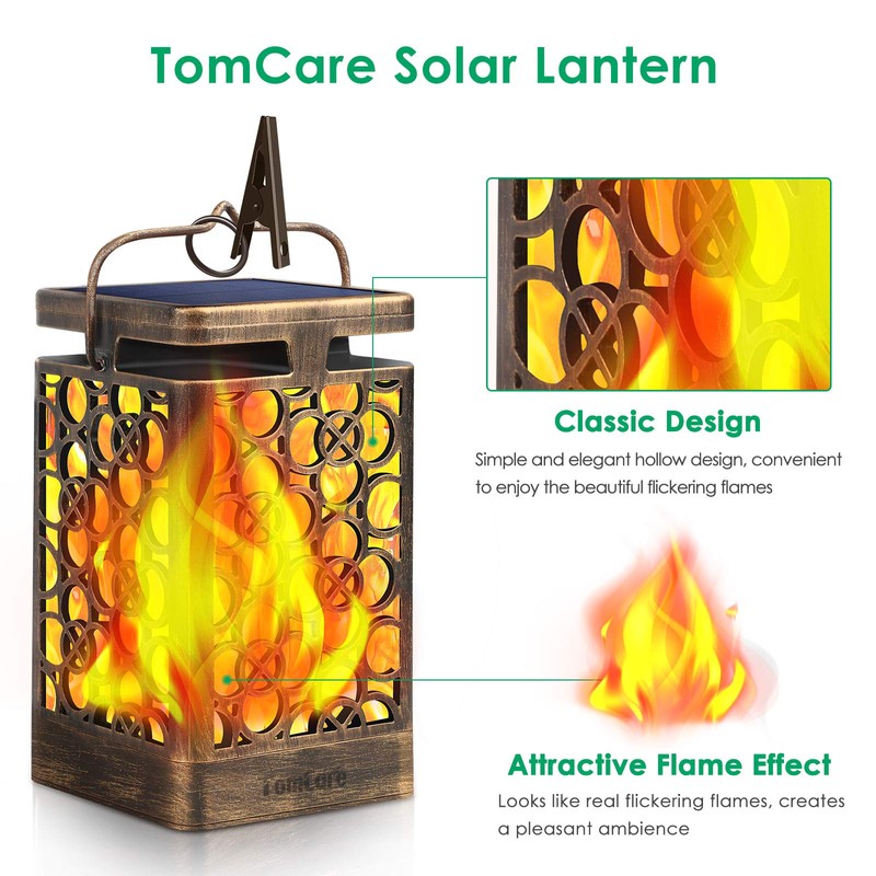TomCare Solar Lights Upgraded Solar Lantern Flickering Flame Outdoor Hanging