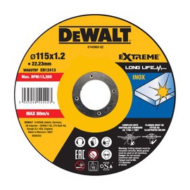 Dewalt Extreme Cutting Disc DT43903 (Diameter 115 mm x 1.2 mm, Type 41 (Flat), Bore 22.23 mm, for Stainless Steel, with Aluminium Oxide, for Use on Cable and Cordless Angle Grinders, with OSA