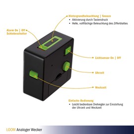 TFA Dostmann LOOM 60.1031.01 Analogue Alarm Clock Automatic Lighting with Snooze Function Black / Green (L) 81 x (W) 42 x (H) 83 mm