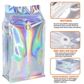 50 PCS Upgraded Coffee Bags with Valve (Holographic, 32 oz/2 lb), Black High Barrier Aluminum Foil Flat Bottom Standing Coffee Bean Storage Bags, Heat Sealable Resealable Bag for Home.