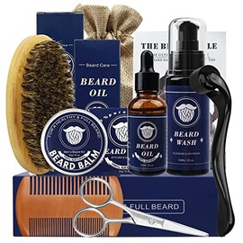 Shoonlo Barba Kit Cuidado, 8 en 1 Kit Barba Hombre con Rodillo para Barba, Cepillo, Aceite, Peine, Champu, Balsamo, Tijera, Bolsa de Arpillera - Regalos para Barba Crecimiento y Cuidado