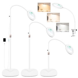 NUEYiO 12X Magnifying Glass with Light and Stand, 3-Color Stepless Dimmable LED Magnifying Floor Lamp, 24" Gooseneck Adjustable Swing Arm Lighted Magnifier Lamp with Clamp for Craft Esthetican-White