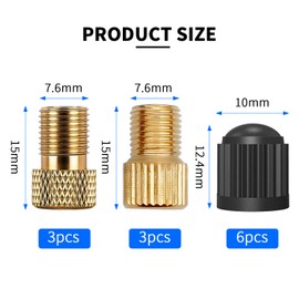 12-Pack Brass Presta Valve Adapter with Tyre Valve Caps, Bike Valve Adapter, Presta to Schrader Adapter for Bicycles, Bike Accessories